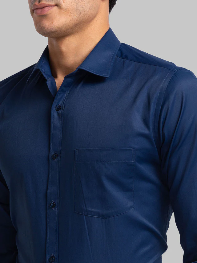 Park Avenue Blue Plain Slim Fit Cotton Blend Formal Shirt - Image 6