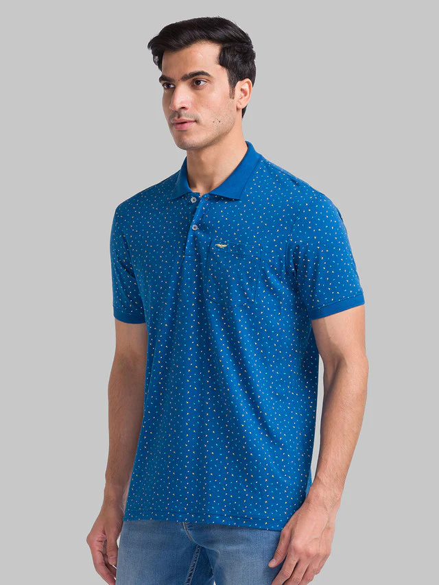 Park Avenue Men Blue Slim Fit Printed Polo Neck Collar T-Shirt - Image 3