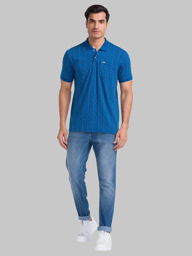 Park Avenue Men Blue Slim Fit Printed Polo Neck Collar T-Shirt - Image 5