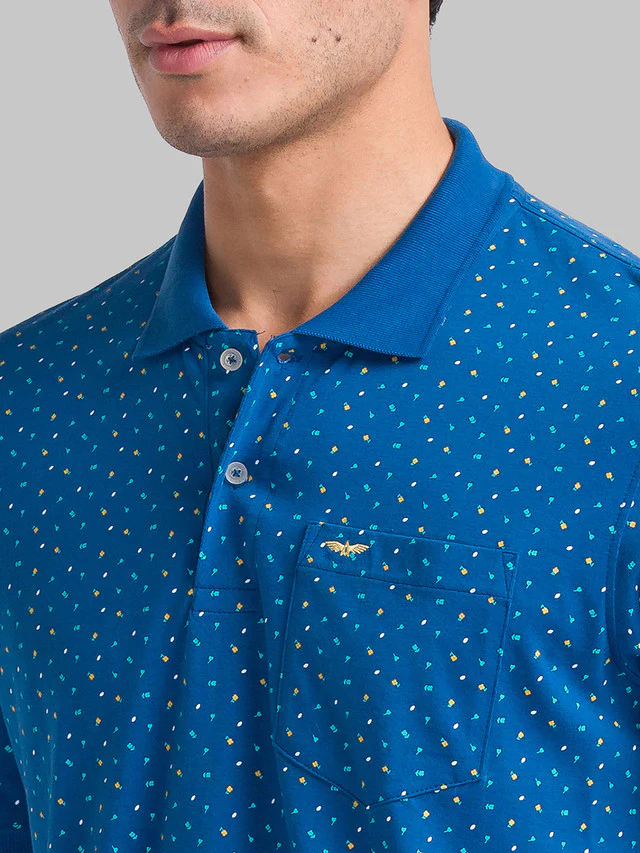 Park Avenue Men Blue Slim Fit Printed Polo Neck Collar T-Shirt - Image 6