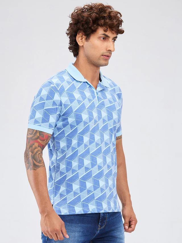 Park Avenue Blue Printed Slim Fit Cotton Blend T-Shirt - Image 2