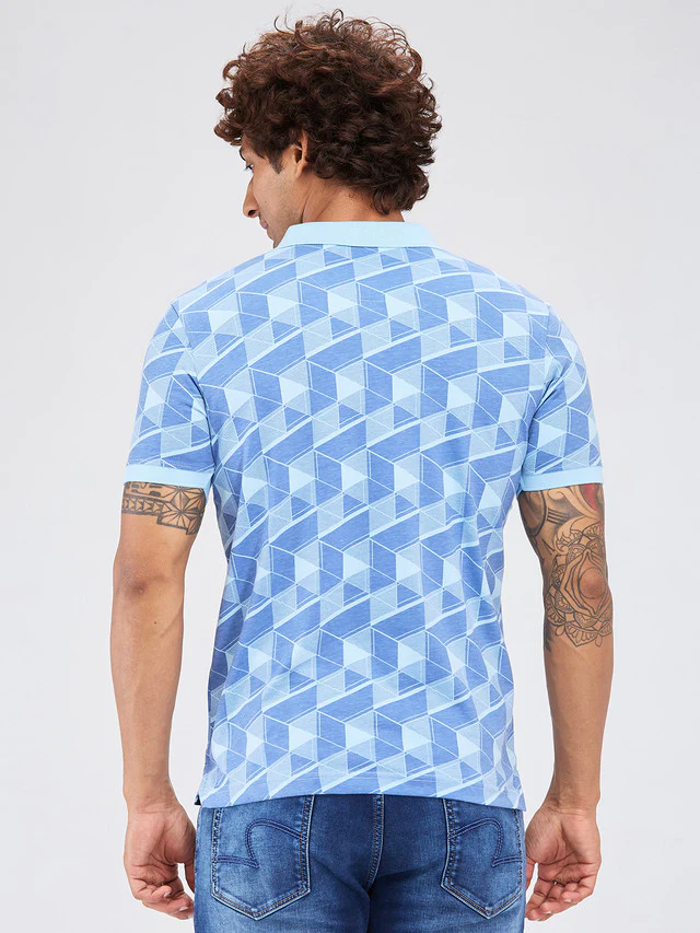 Park Avenue Blue Printed Slim Fit Cotton Blend T-Shirt - Image 5