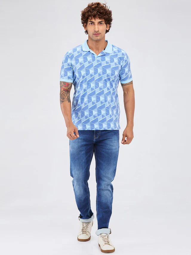 Park Avenue Blue Printed Slim Fit Cotton Blend T-Shirt - Image 6