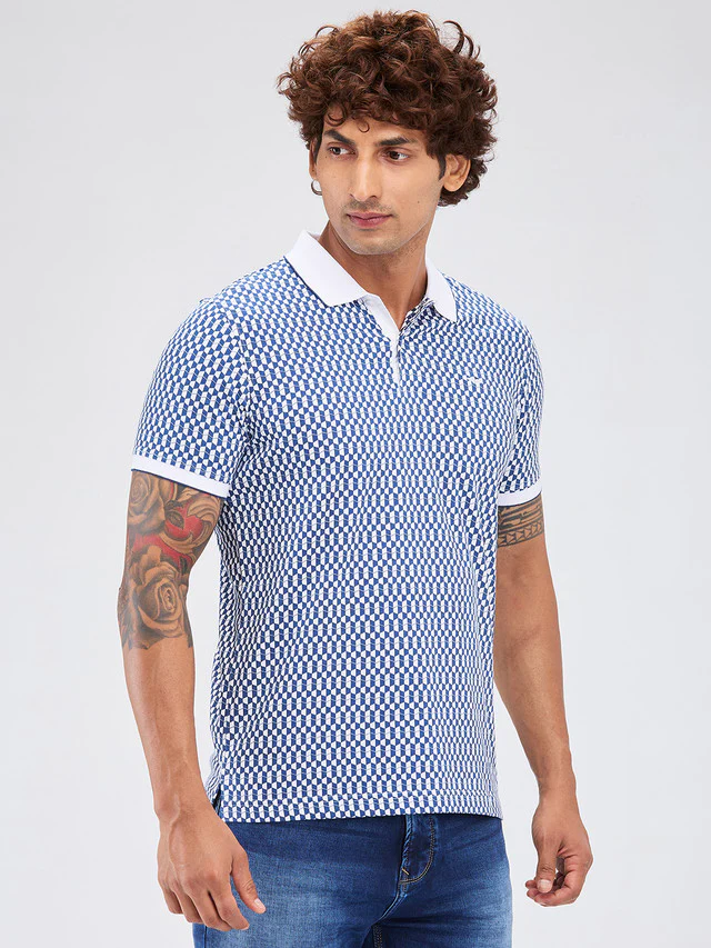 Park Avenue Blue Printed Slim Fit Cotton Blend T-Shirt - Image 2