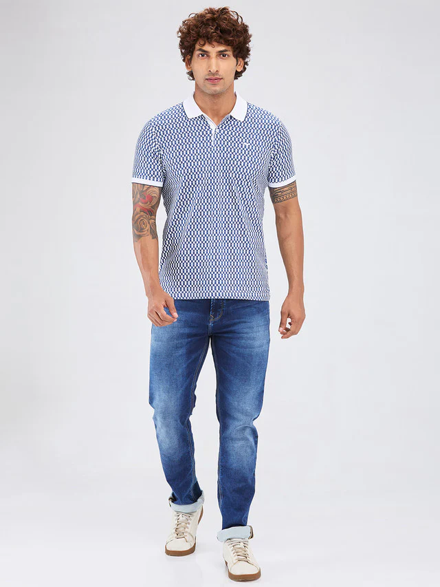 Park Avenue Blue Printed Slim Fit Cotton Blend T-Shirt - Image 6