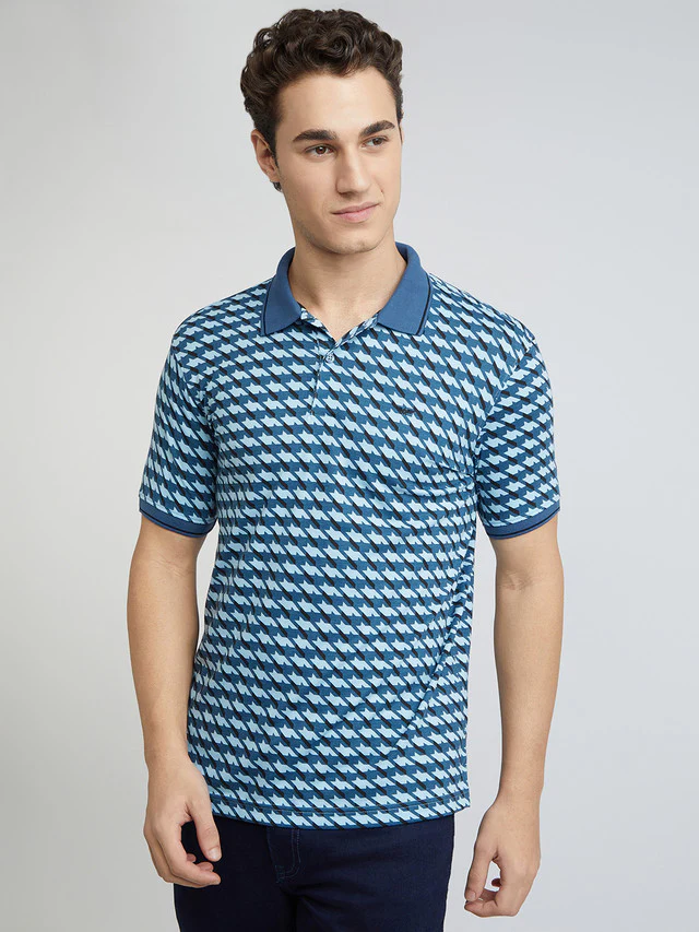Park Avenue Blue Printed Slim Fit Cotton Blend T-Shirt