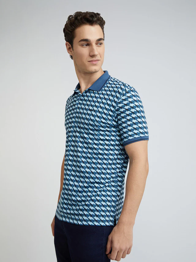 Park Avenue Blue Printed Slim Fit Cotton Blend T-Shirt - Image 3