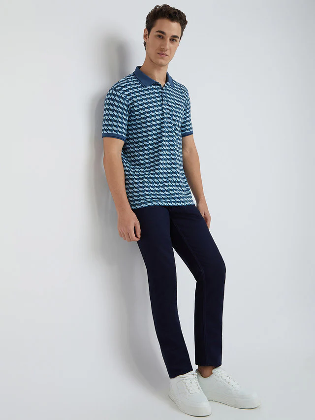 Park Avenue Blue Printed Slim Fit Cotton Blend T-Shirt - Image 5