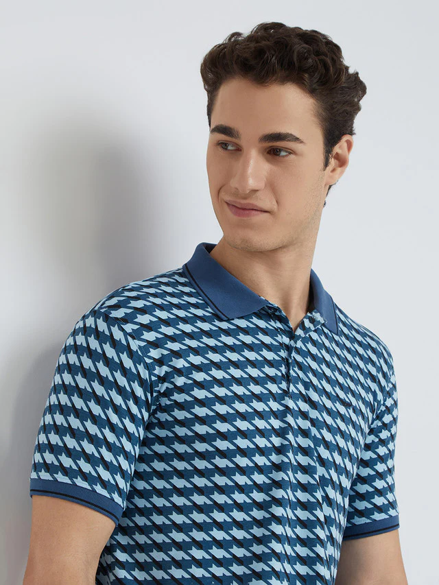 Park Avenue Blue Printed Slim Fit Cotton Blend T-Shirt - Image 6