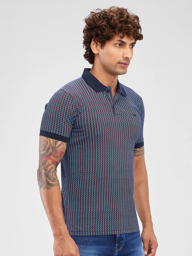 Park Avenue Blue Printed Slim Fit Cotton Blend T-Shirt - Image 2