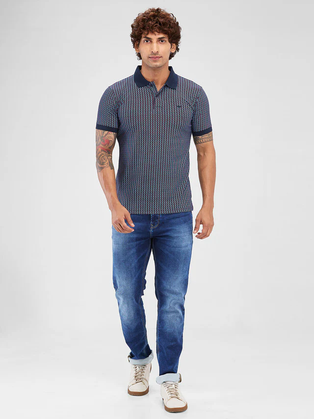 Park Avenue Blue Printed Slim Fit Cotton Blend T-Shirt - Image 6