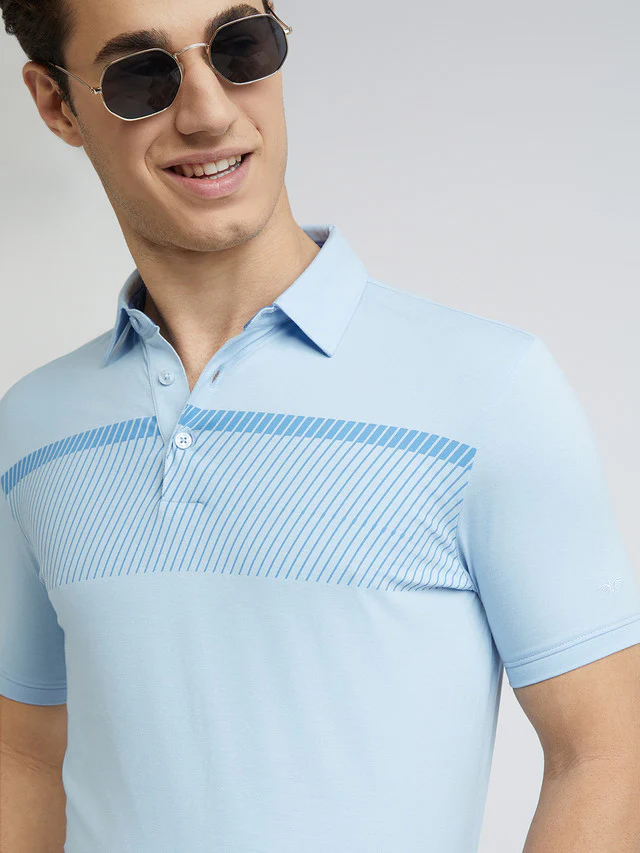 Park Avenue Blue Printed Slim Fit Cotton Blend T-Shirt - Image 6