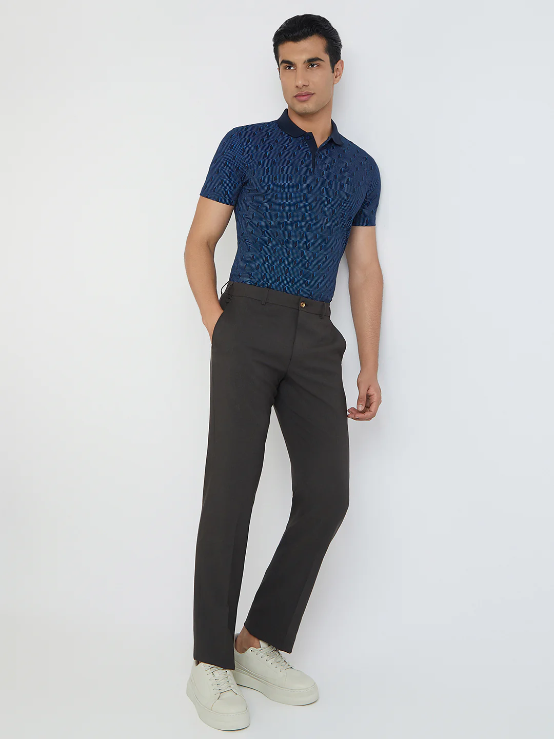 Park Avenue Blue Printed Slim Fit Cotton Blend T-Shirt - Image 5