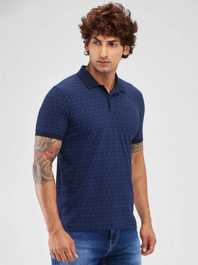 Park Avenue Blue Printed Slim Fit Cotton Blend T-Shirt - Image 2