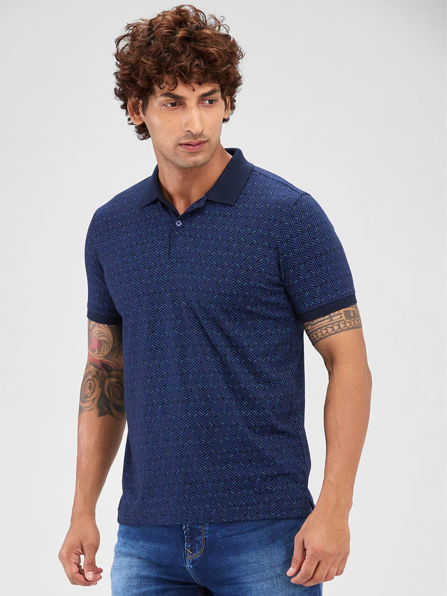 Park Avenue Blue Printed Slim Fit Cotton Blend T-Shirt - Image 3