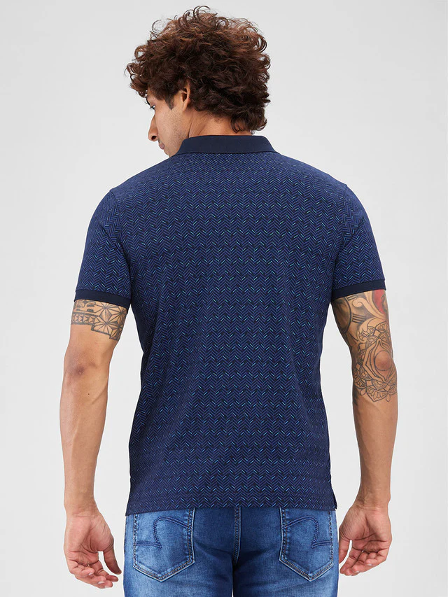 Park Avenue Blue Printed Slim Fit Cotton Blend T-Shirt - Image 5