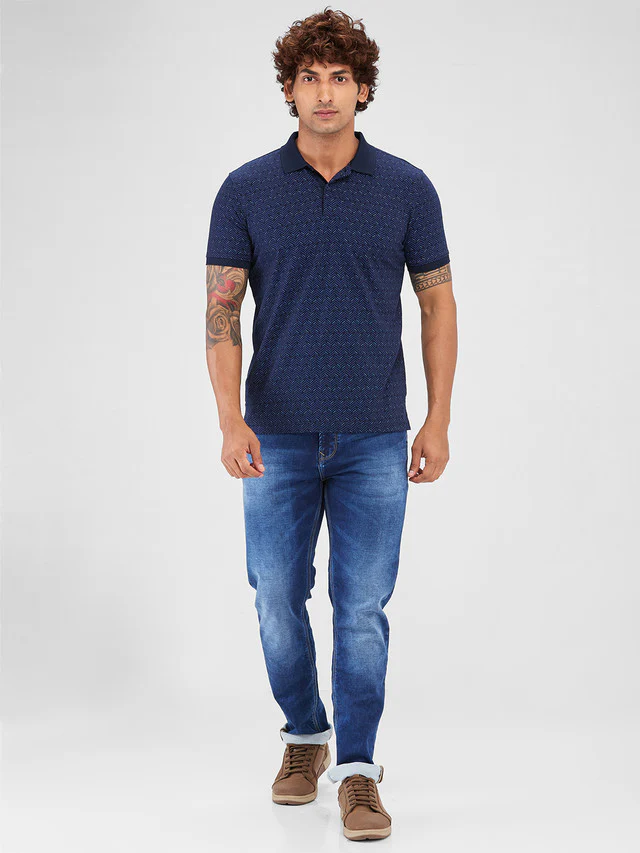Park Avenue Blue Printed Slim Fit Cotton Blend T-Shirt - Image 6