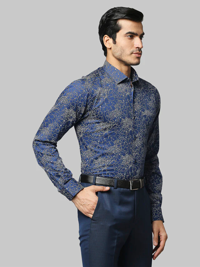 Park Avenue Blue Printed Slim Fit Cotton Formal Shirt - Image 2