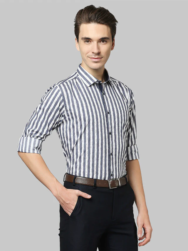 Park Avenue Blue Printed Slim Fit Cotton Formal Shirt - Image 2