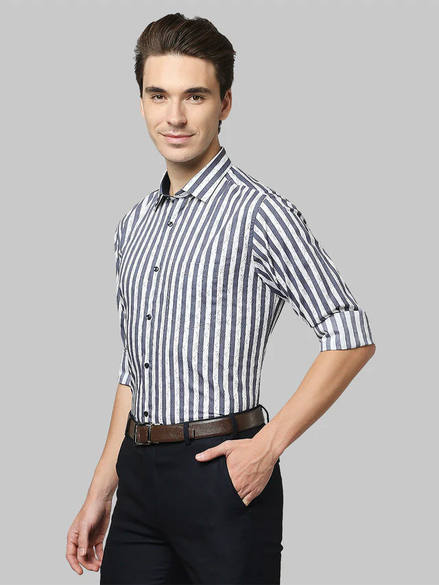Park Avenue Blue Printed Slim Fit Cotton Formal Shirt - Image 3