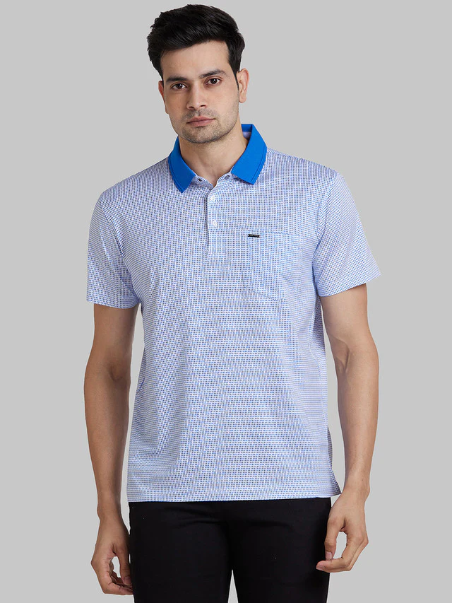 Park Avenue Blue Printed Slim Fit Cotton T-Shirt