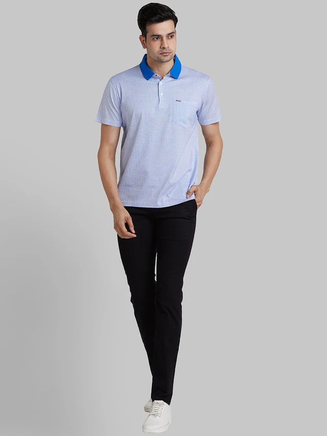 Park Avenue Blue Printed Slim Fit Cotton T-Shirt - Image 5