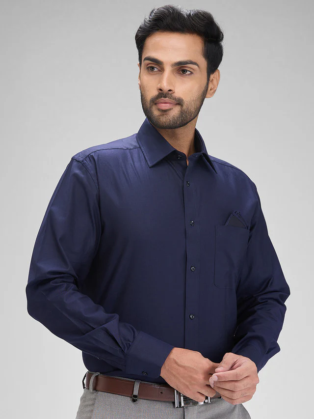 Park Avenue Blue Solid Luxus Fit Full Sleeve Cotton Shirt - Image 2