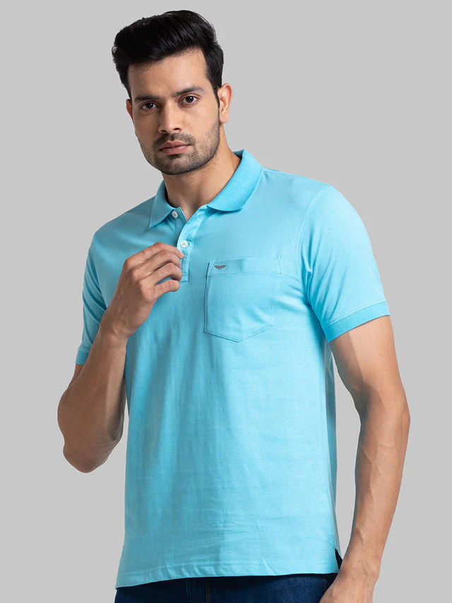 Park Avenue Blue Solid Regular Fit Cotton T-Shirt - Image 3