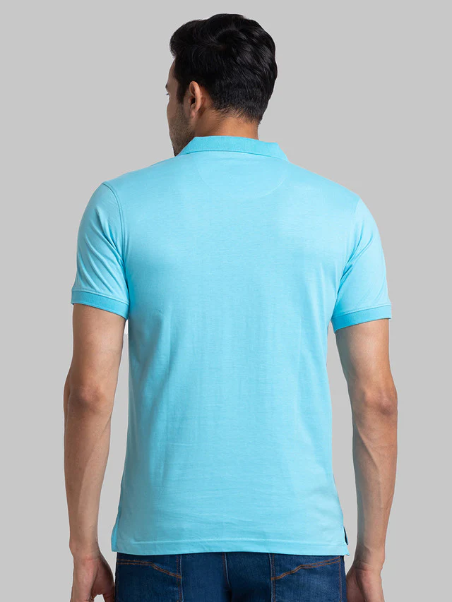 Park Avenue Blue Solid Regular Fit Cotton T-Shirt - Image 4