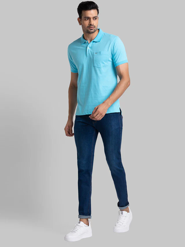 Park Avenue Blue Solid Regular Fit Cotton T-Shirt - Image 5