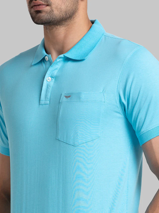 Park Avenue Blue Solid Regular Fit Cotton T-Shirt - Image 6