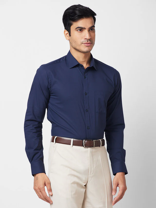 Park Avenue Blue Solid Slim Fit Cotton Blend Formal Shirt - Image 2