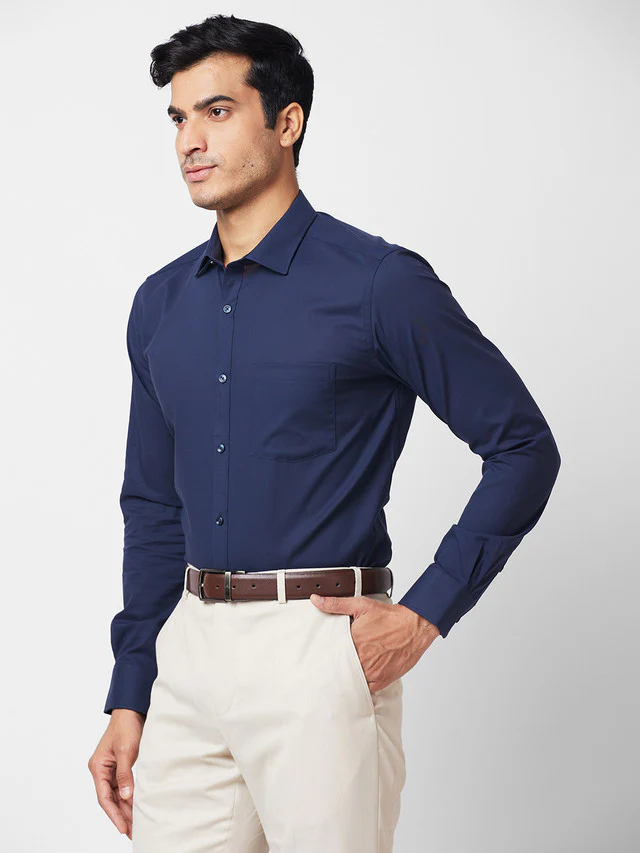 Park Avenue Blue Solid Slim Fit Cotton Blend Formal Shirt - Image 3