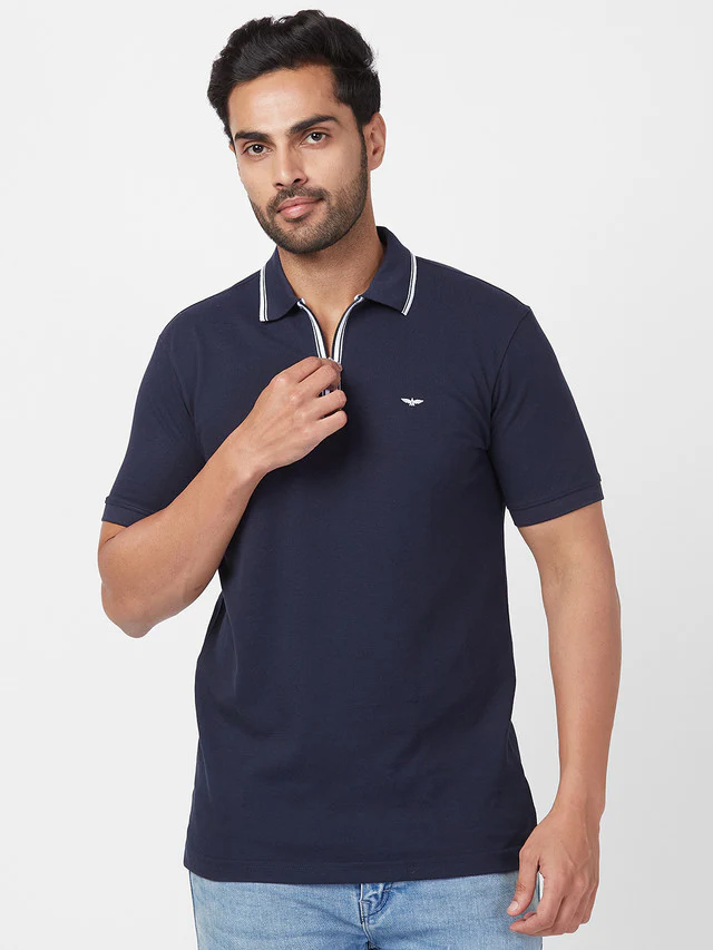 Park Avenue Blue Solid Slim Fit Cotton Blend T-Shirt