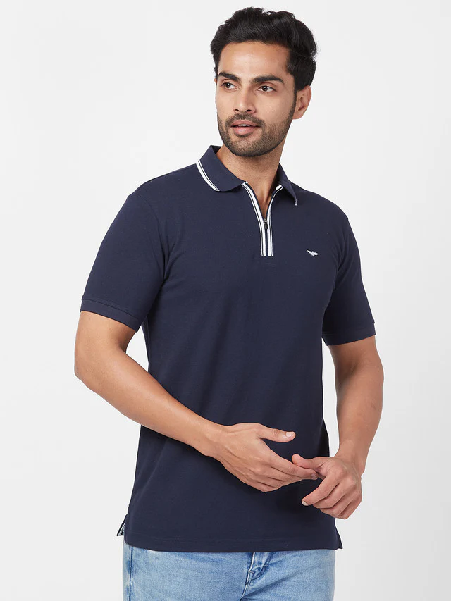 Park Avenue Blue Solid Slim Fit Cotton Blend T-Shirt - Image 2