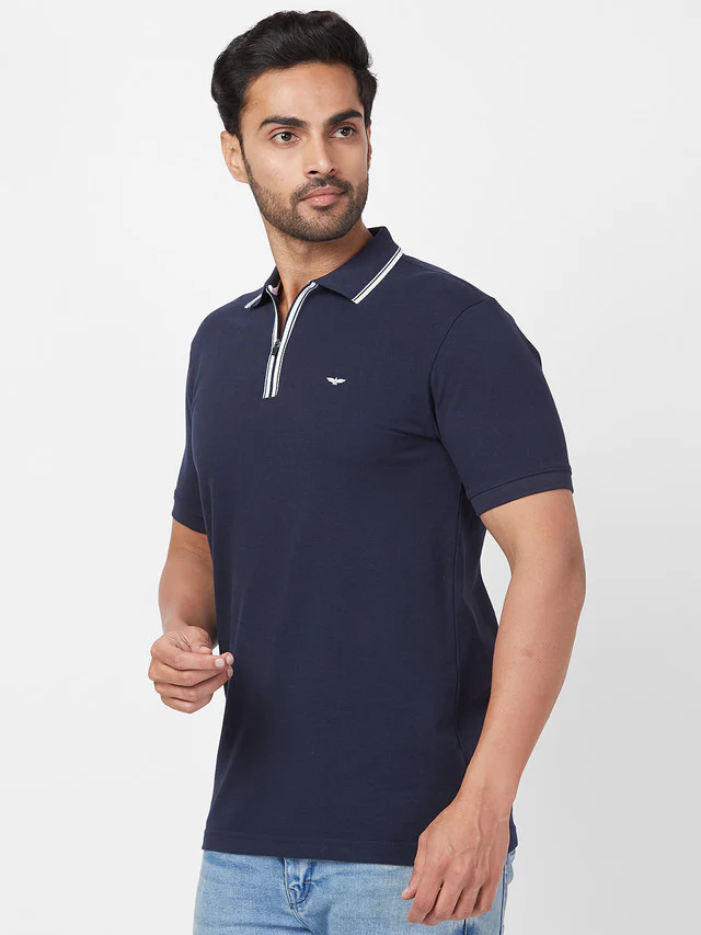 Park Avenue Blue Solid Slim Fit Cotton Blend T-Shirt - Image 3