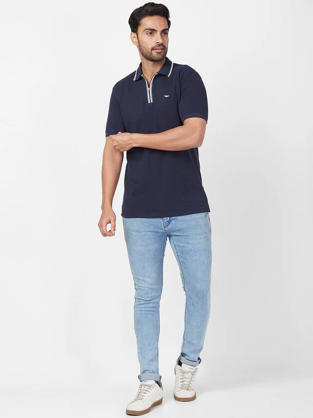 Park Avenue Blue Solid Slim Fit Cotton Blend T-Shirt - Image 5