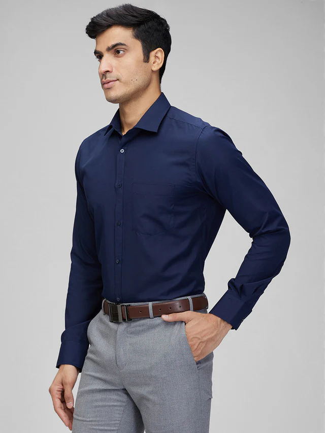 Park Avenue Blue Solid Slim Fit Cotton Blend Formal Shirt - Image 3