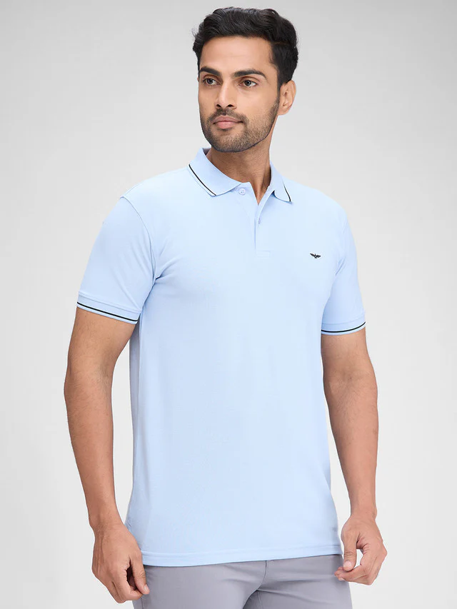 Park Avenue Blue Solid Slim Fit Half Sleeve Cotton Blend T-Shirt - Image 2