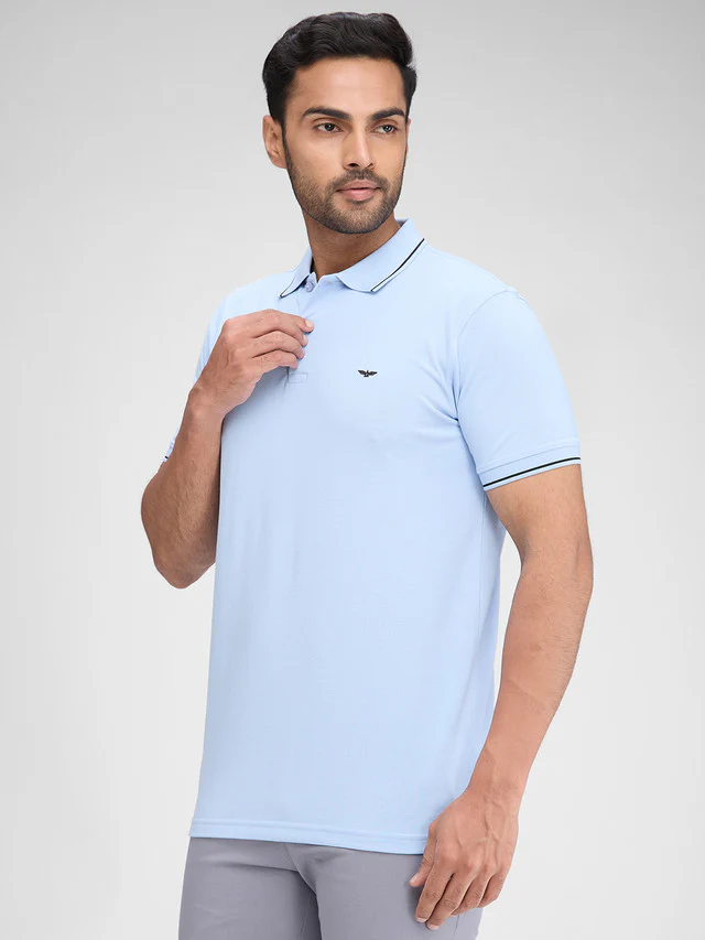 Park Avenue Blue Solid Slim Fit Half Sleeve Cotton Blend T-Shirt - Image 3
