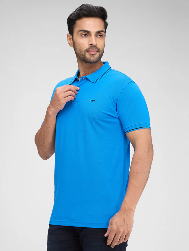 Park Avenue Blue Solid Slim Fit Half Sleeve Cotton Blend T-Shirt - Image 3