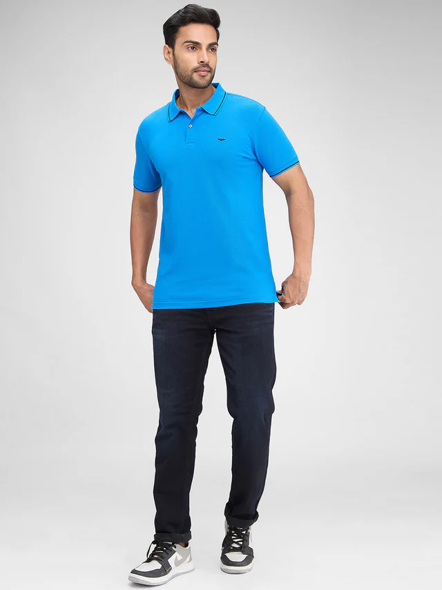 Park Avenue Blue Solid Slim Fit Half Sleeve Cotton Blend T-Shirt - Image 6