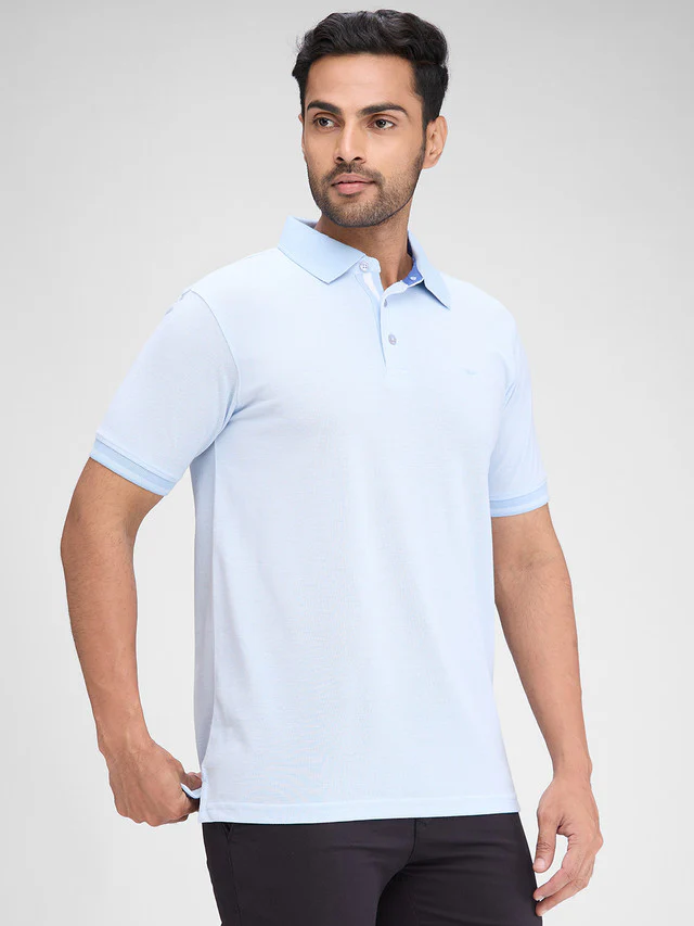 Park Avenue Blue Solid Slim Fit Half Sleeve Cotton Blend T-Shirt - Image 2