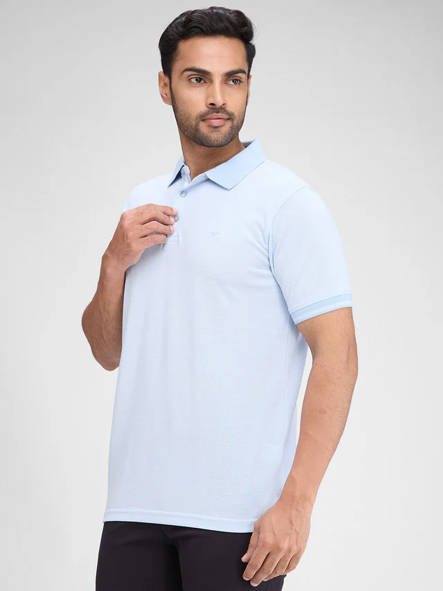 Park Avenue Blue Solid Slim Fit Half Sleeve Cotton Blend T-Shirt - Image 3