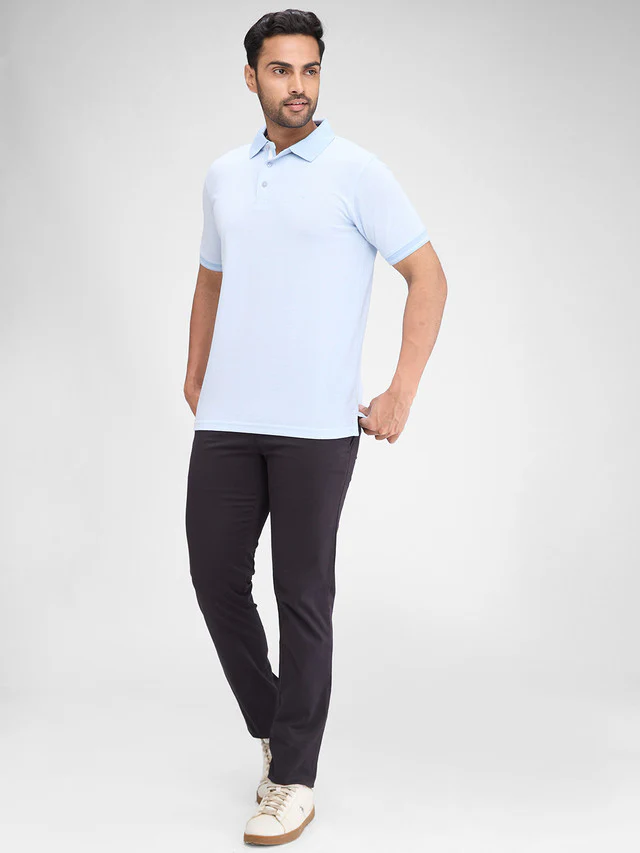 Park Avenue Blue Solid Slim Fit Half Sleeve Cotton Blend T-Shirt - Image 5