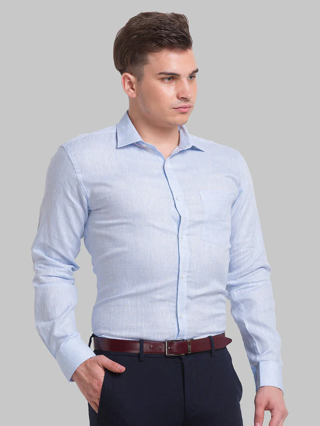 Park Avenue Blue Solid Slim Fit Linen Formal Shirt - Image 2