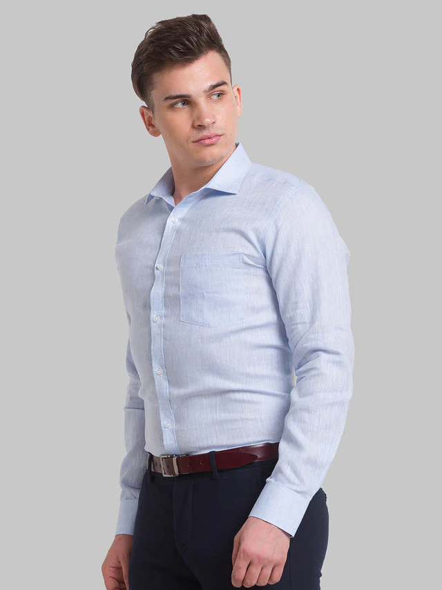 Park Avenue Blue Solid Slim Fit Linen Formal Shirt - Image 3