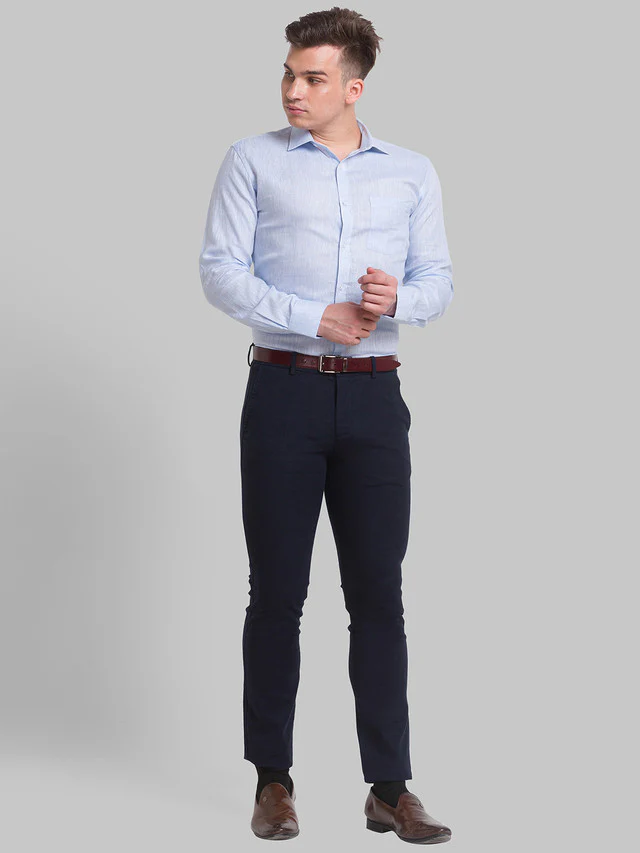 Park Avenue Blue Solid Slim Fit Linen Formal Shirt - Image 5