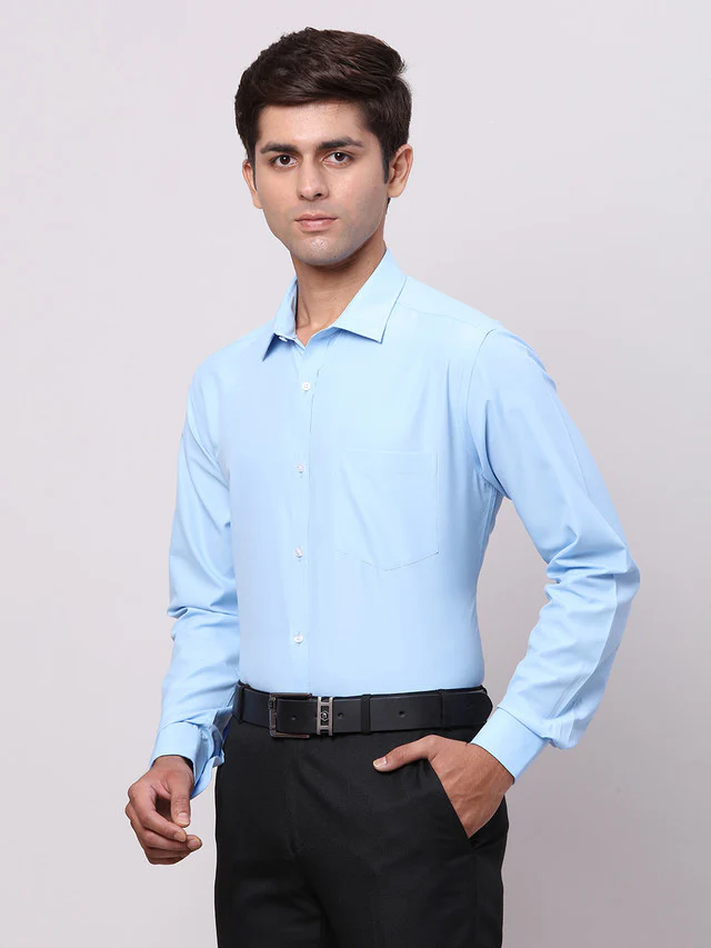 Park Avenue Blue Solid Slim Fit Polyester Blend Formal Shirt - Image 3