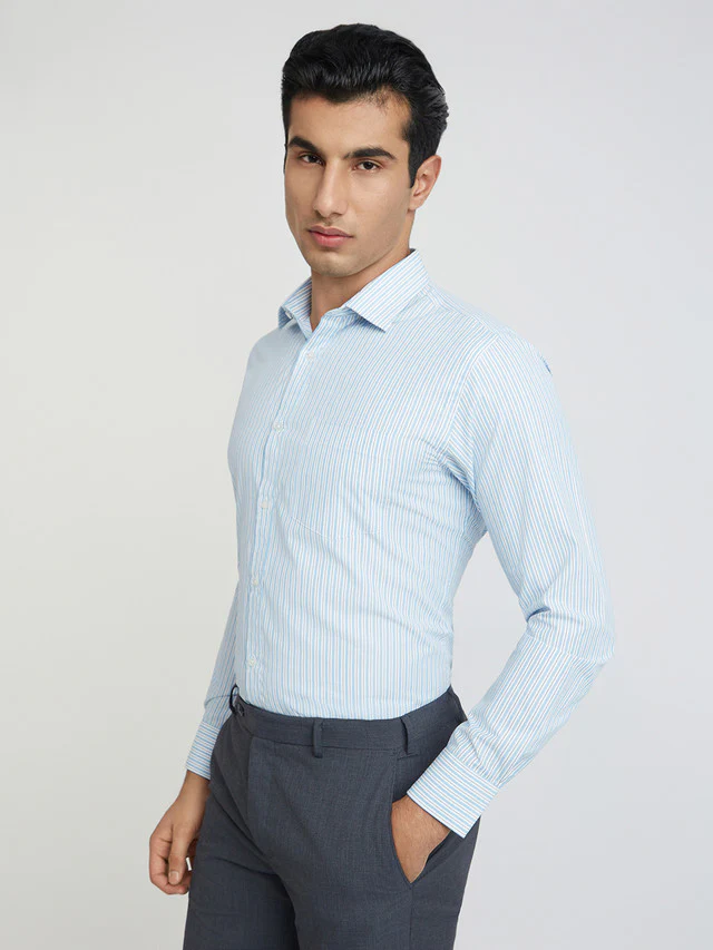 Park Avenue Blue Stripe Slim Fit Cotton Blend Formal Shirt - Image 3